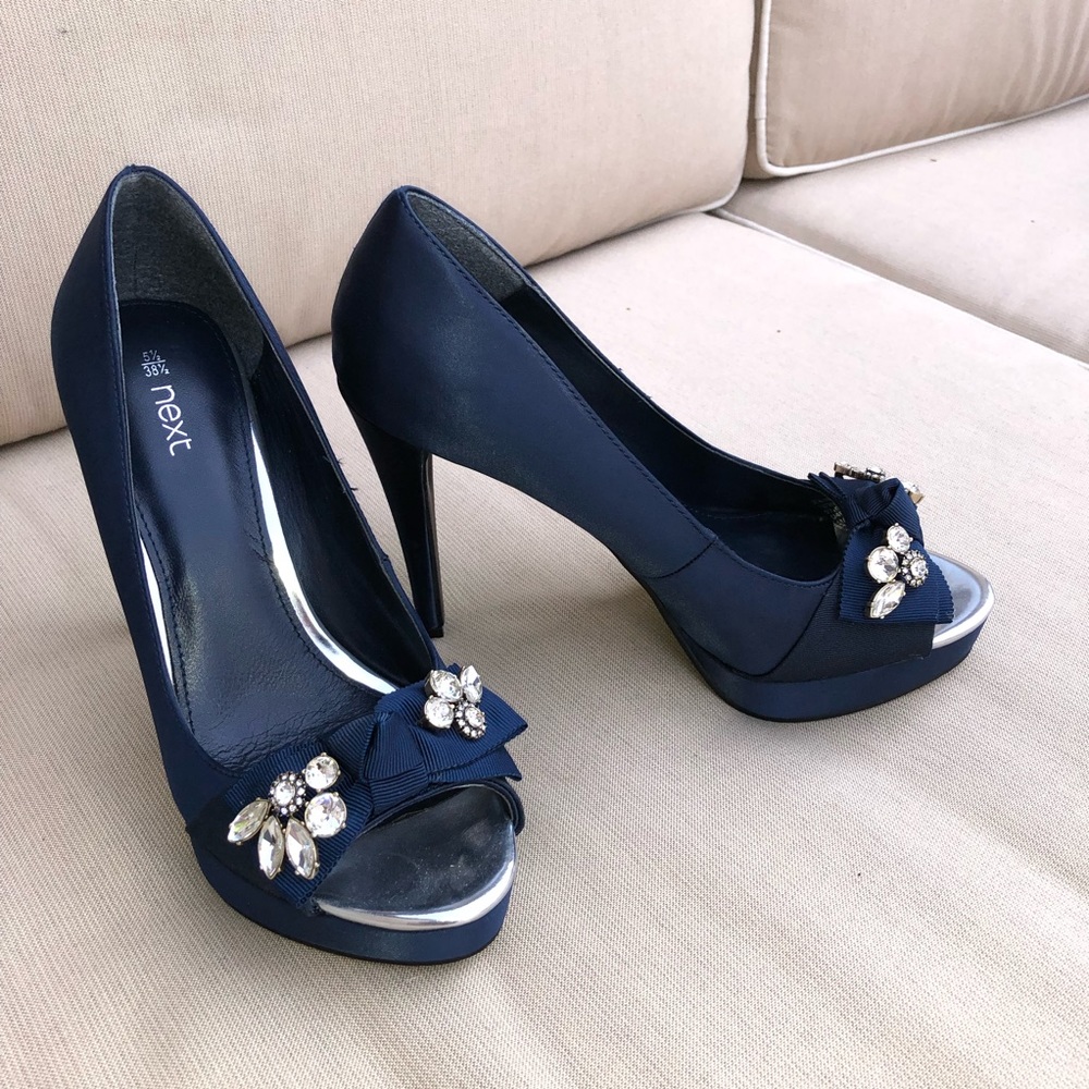 Navy blue satin peep toe platforms